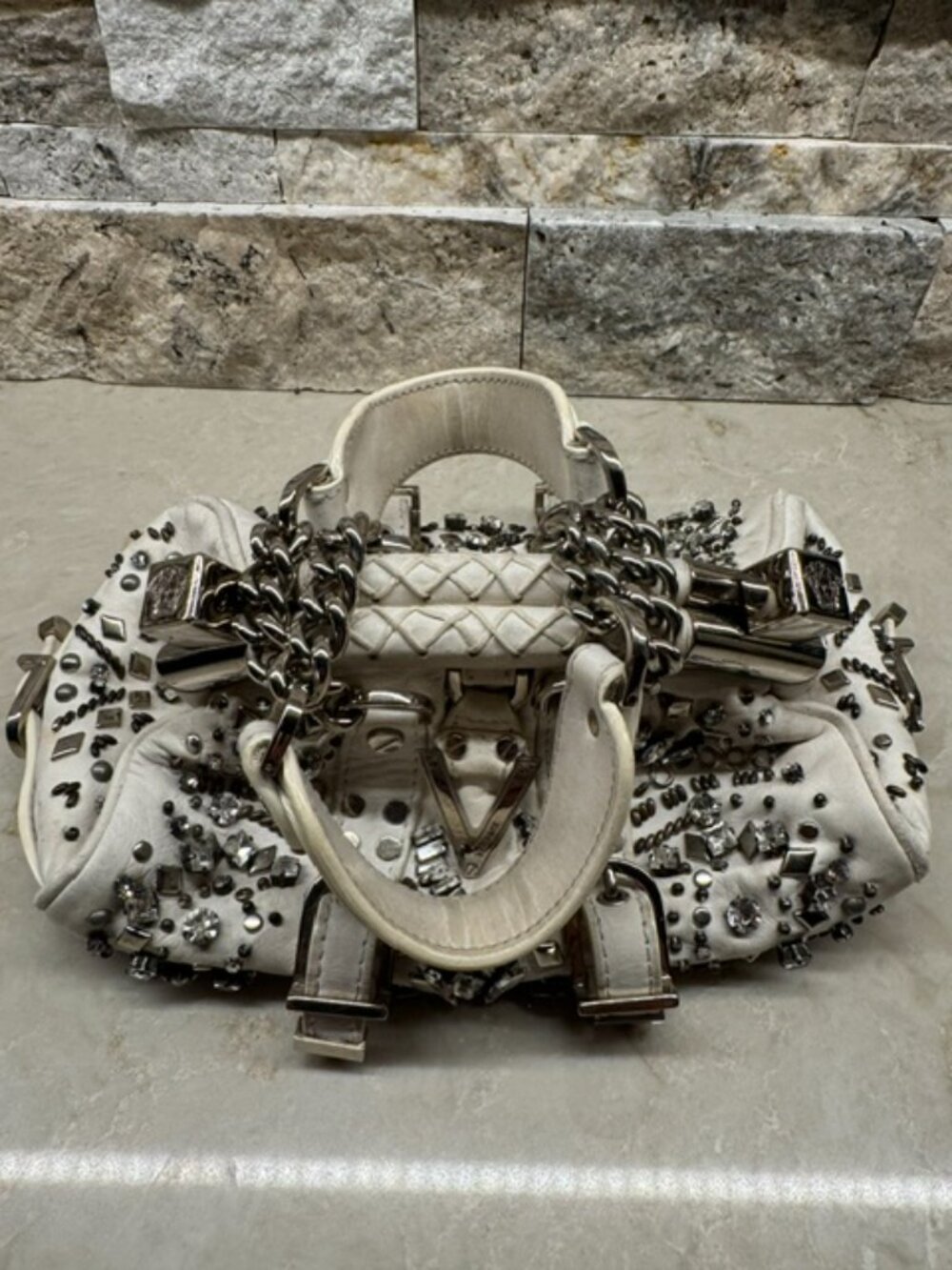 Versace Medusa White Leather Studded Mini Hand bag
